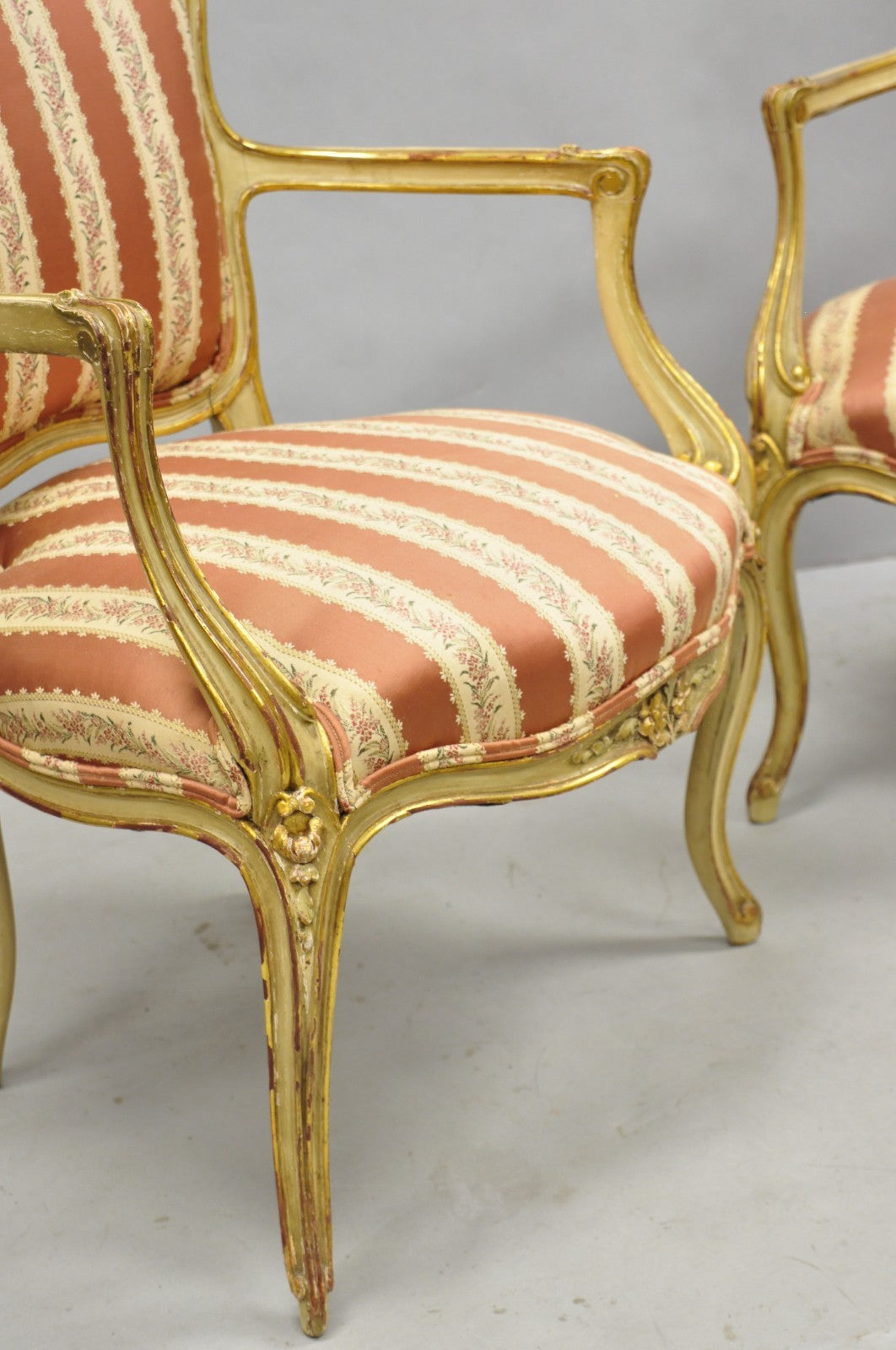 Antique French Louis XV Style Gold Giltwood Pink Stripe Fauteuil Arm Chair, Pair