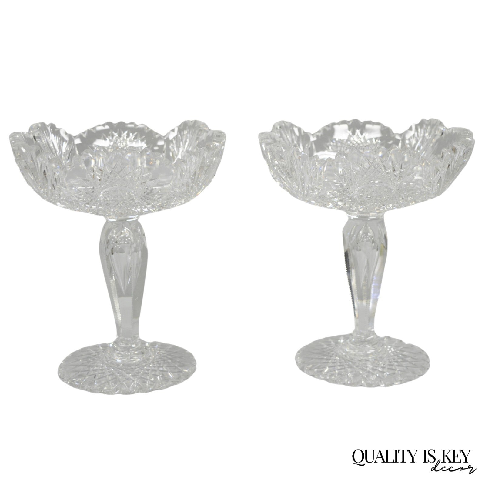 Antique Brilliant Cut Crystal Glass Candy Compote Pedestal Nut Dish - a Pair