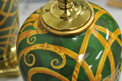 Hollywood Regency Green & Gold Scroll Painted Ceramic Table Lamps - a Pair