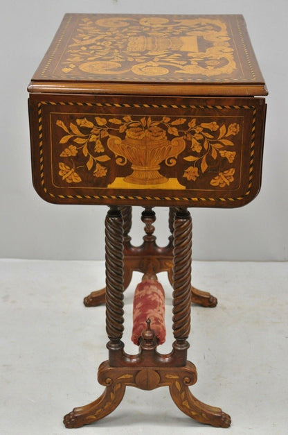 19th C. Dutch Marquetry Inlaid Regency Style Drop Leaf Sewing Stand Work Table 
