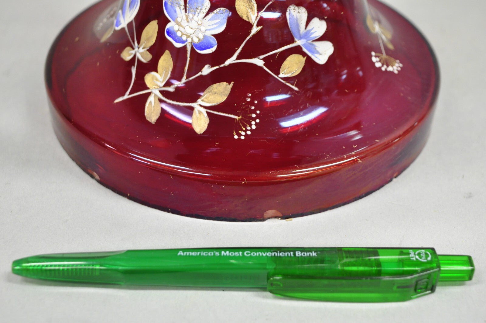 Antique Victorian Cranberry Glass Hand Painted Mantel Lustre Vase with Crystals