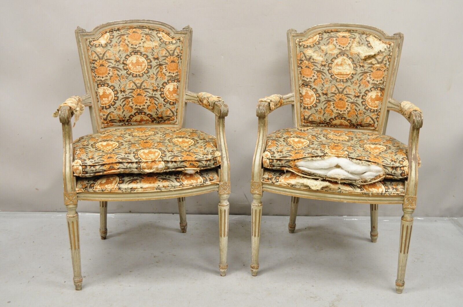 Antique French Louis XVI Style Distressed Cream Painted Fauteuil Arm Chairs Pair