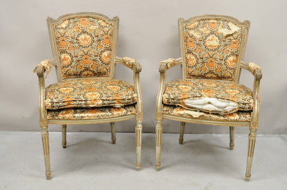 Antique French Louis XVI Style Distressed Cream Painted Fauteuil Arm Chairs Pair
