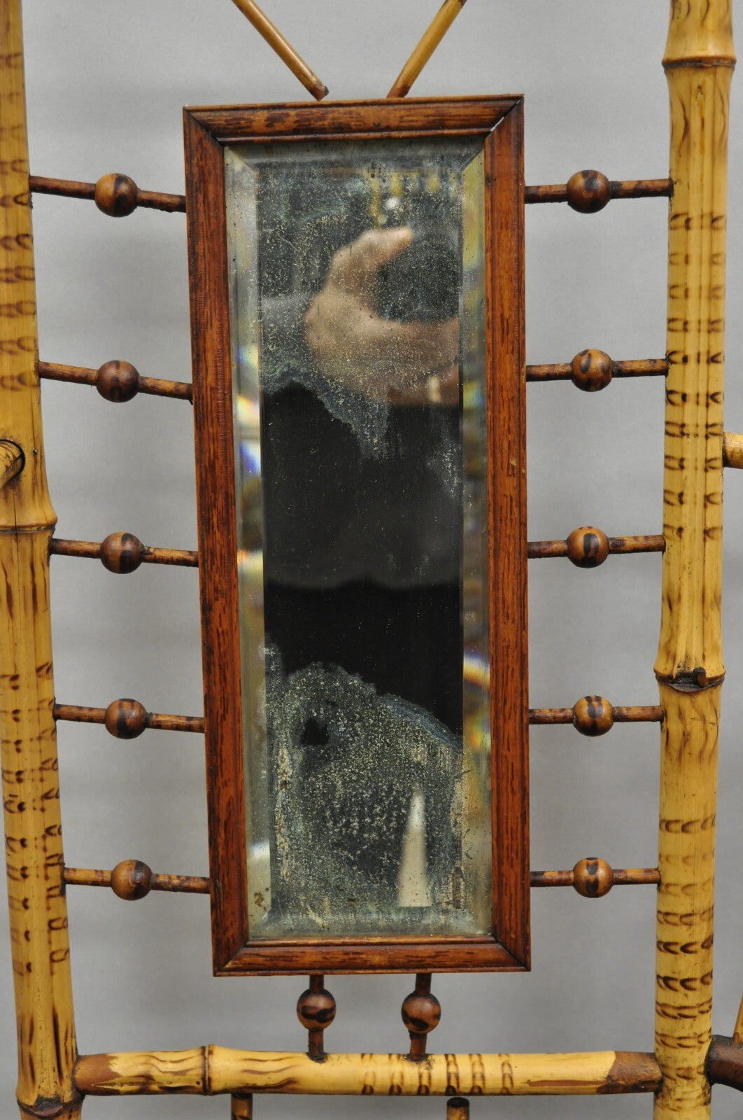Antique English Victorian Stick and Ball Burnt Bamboo Curio Etagere Shelf Mirror