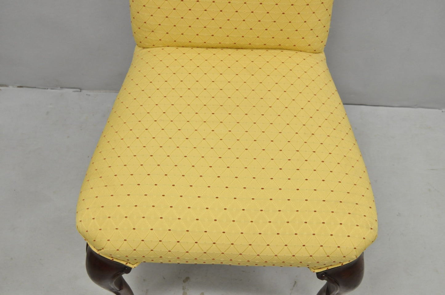 Vintage Queen Anne Style Cherry Wood Upholstered Dining Side Chairs - Set of 6