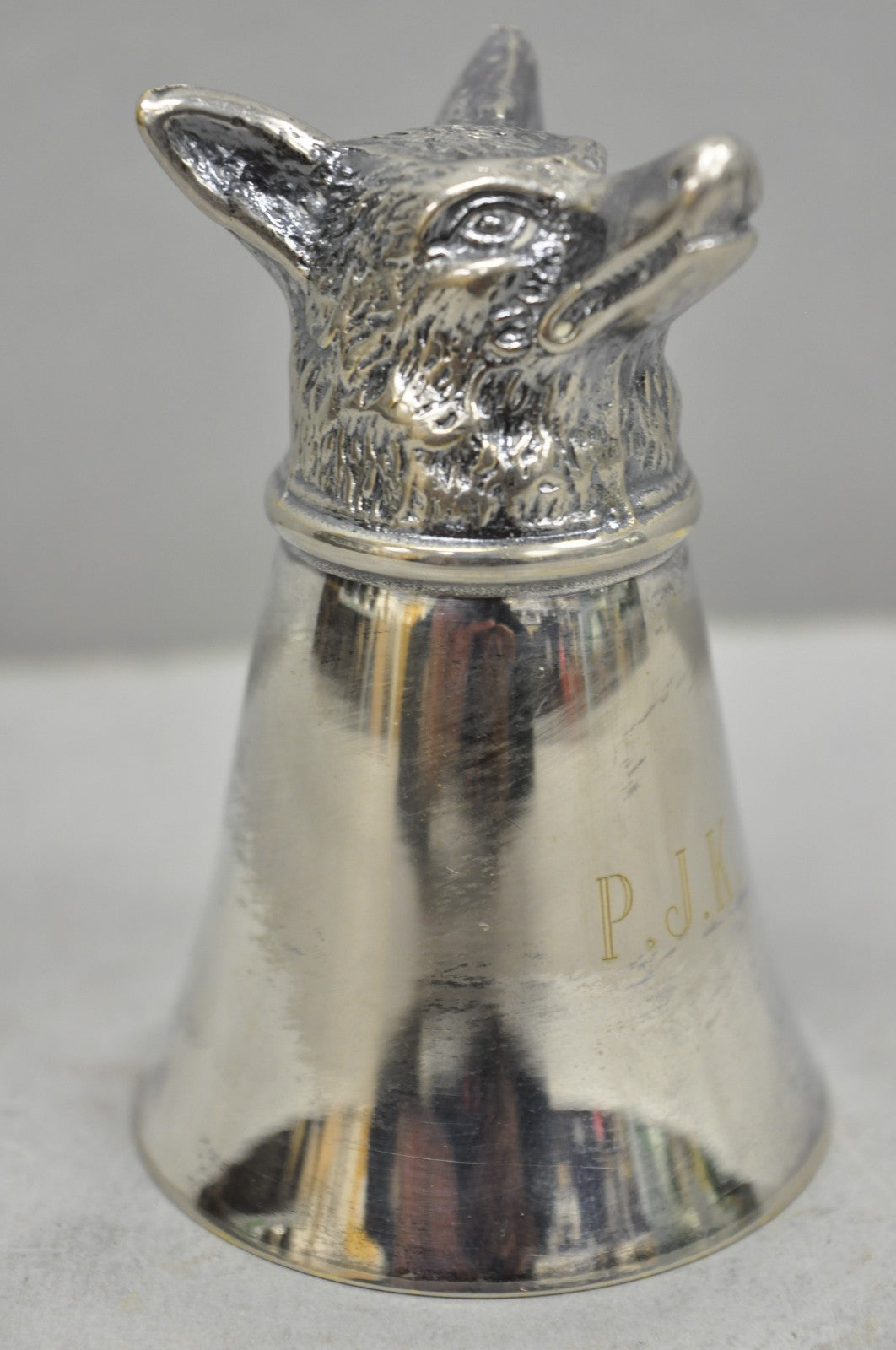 Vintage Pewter Fox Head Silver Plated Stirrup Cup Hunting Equestrian Shot Glass
