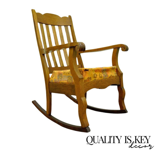 Antique Mission Arts & Crafts Carved Solid Oak Rocking Lounge Chair Rocker vtg