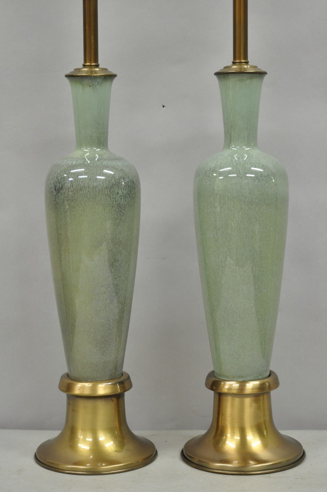 Vintage Mid Century Modern Celadon Green Porcelain Sinuous Urn Table Lamp - Pair