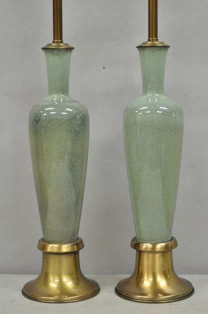 Vintage Mid Century Modern Celadon Green Porcelain Sinuous Urn Table Lamp - Pair