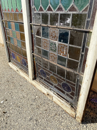 Antique Victorian 70 x 48 Double Stained Glass Window Pink Blue Green Jeweled
