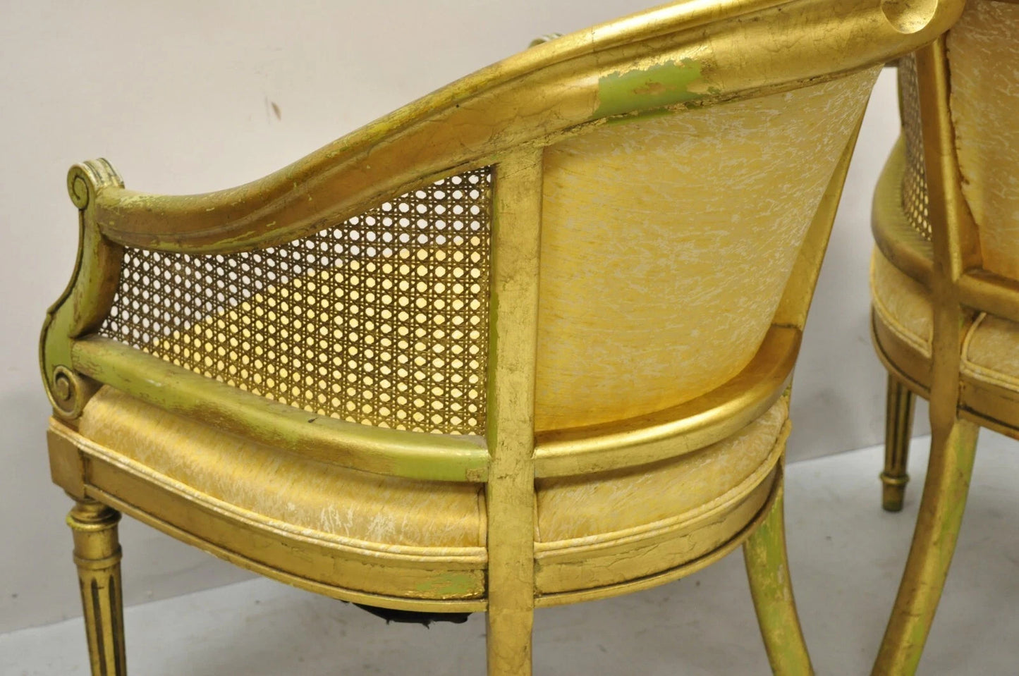 Vintage Italian Hollywood Regency Gold Gilt Barrel Back Cane Lounge Chairs, Pair