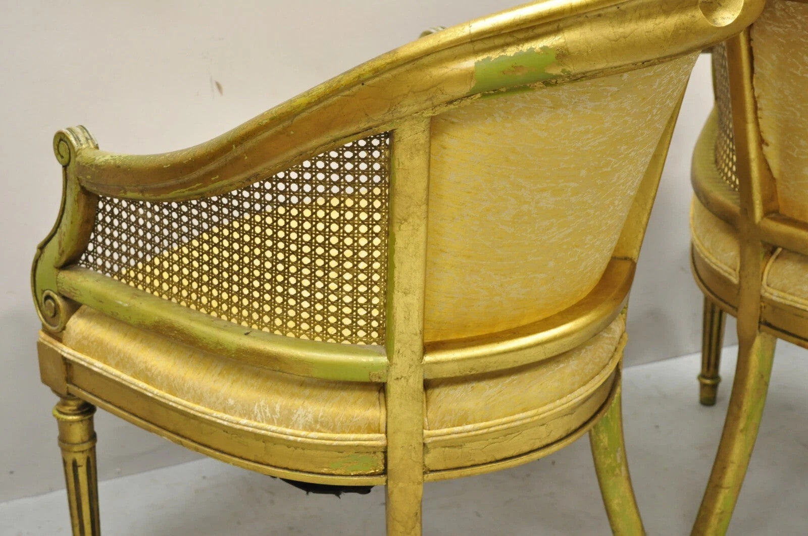 Vintage Italian Hollywood Regency Gold Gilt Barrel Back Cane Lounge Chairs, Pair
