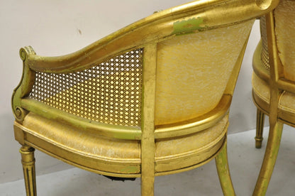 Vintage Italian Hollywood Regency Gold Gilt Barrel Back Cane Lounge Chairs, Pair