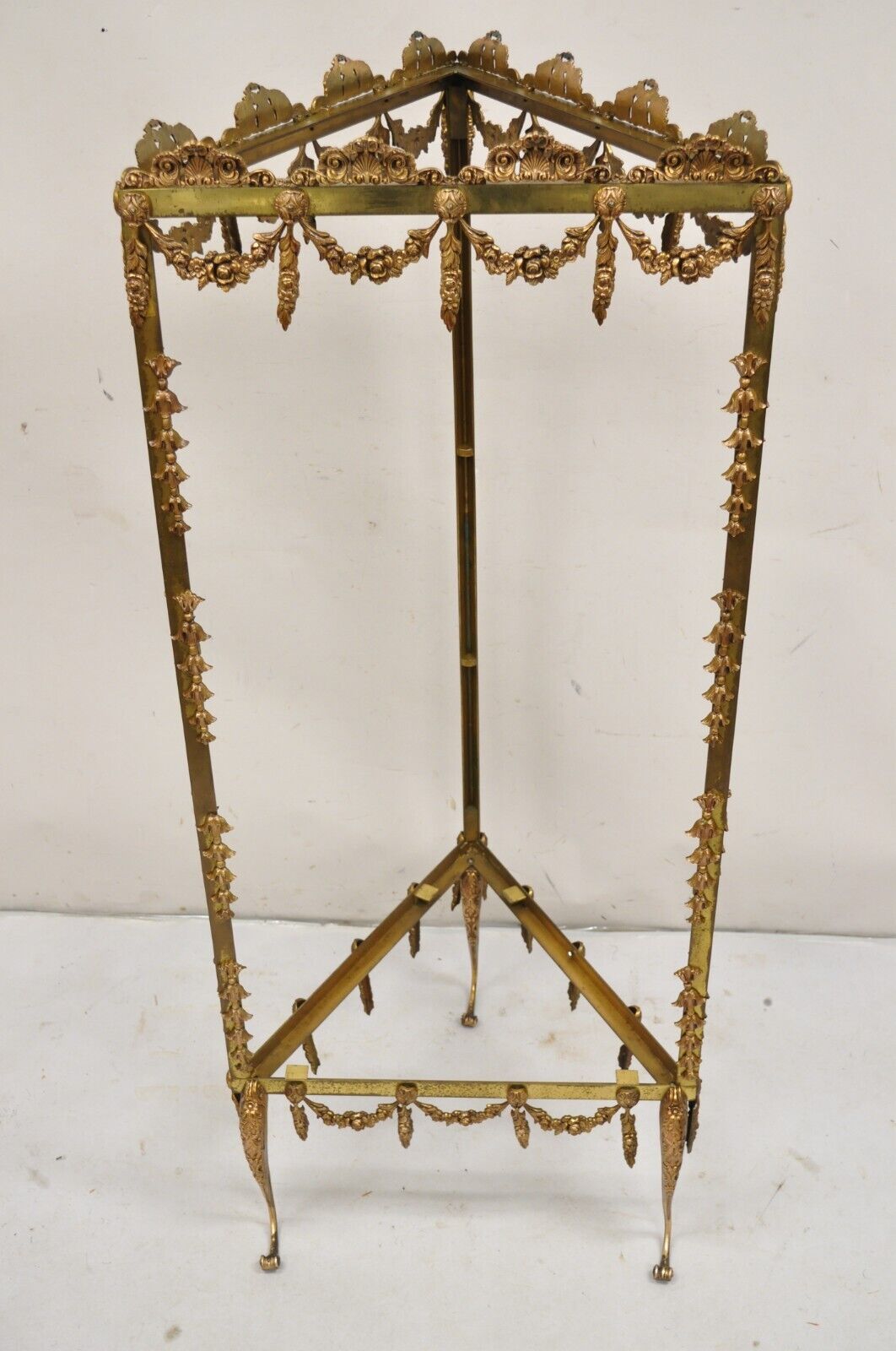 Vintage French Hollywood Regency Ornate Brass Triangular Etagere Stands - Pair