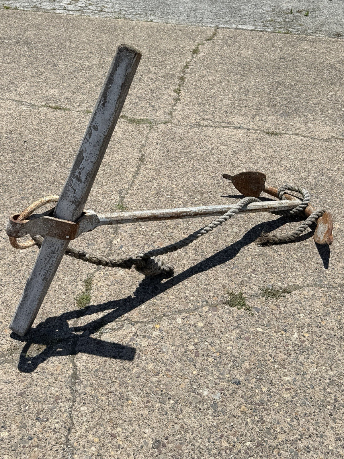 Antique English Victorian Maritime Cast Iron Large Boat Ship's Anchor and Rope