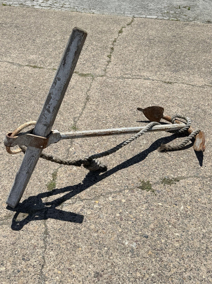 Antique English Victorian Maritime Cast Iron Large Boat Ship's Anchor and Rope