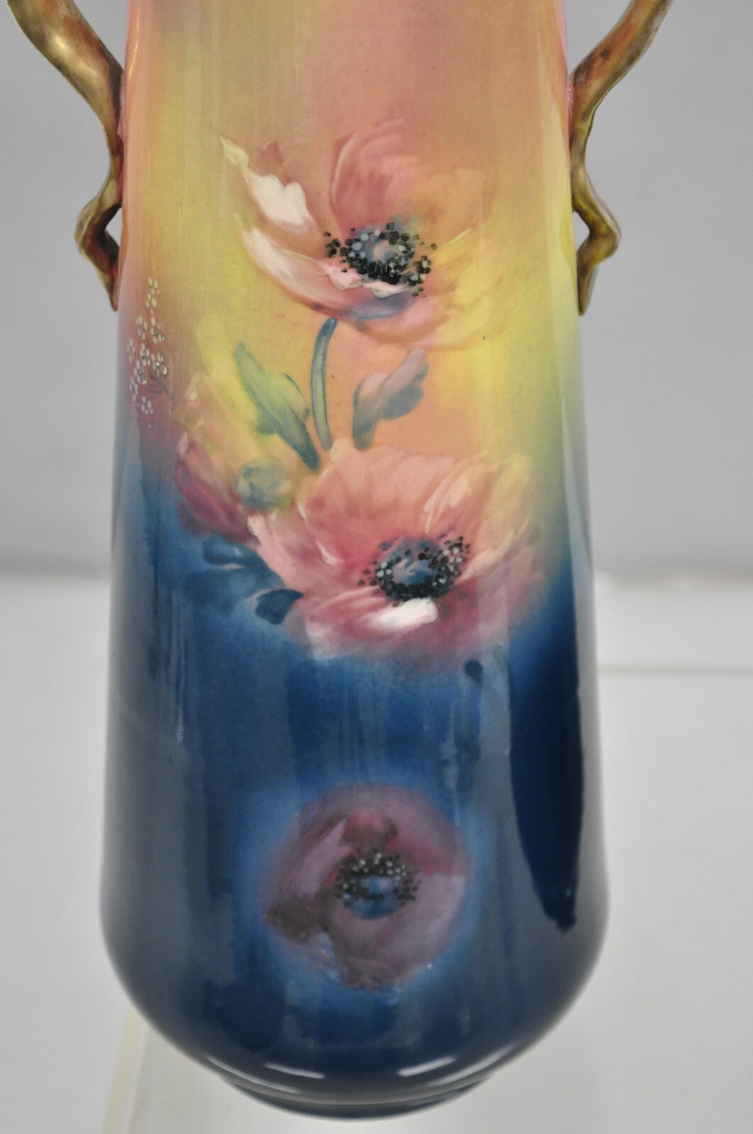 French Art Nouveau Floral Painted Blue Pink Porcelain Austrian 17" Vase - Pair