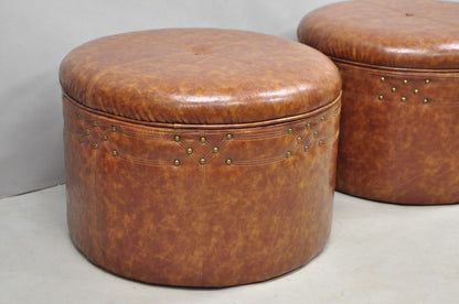 Contemporary Modern Moroccan Style Brown Faux Leather Round Storage Ottoman Pair