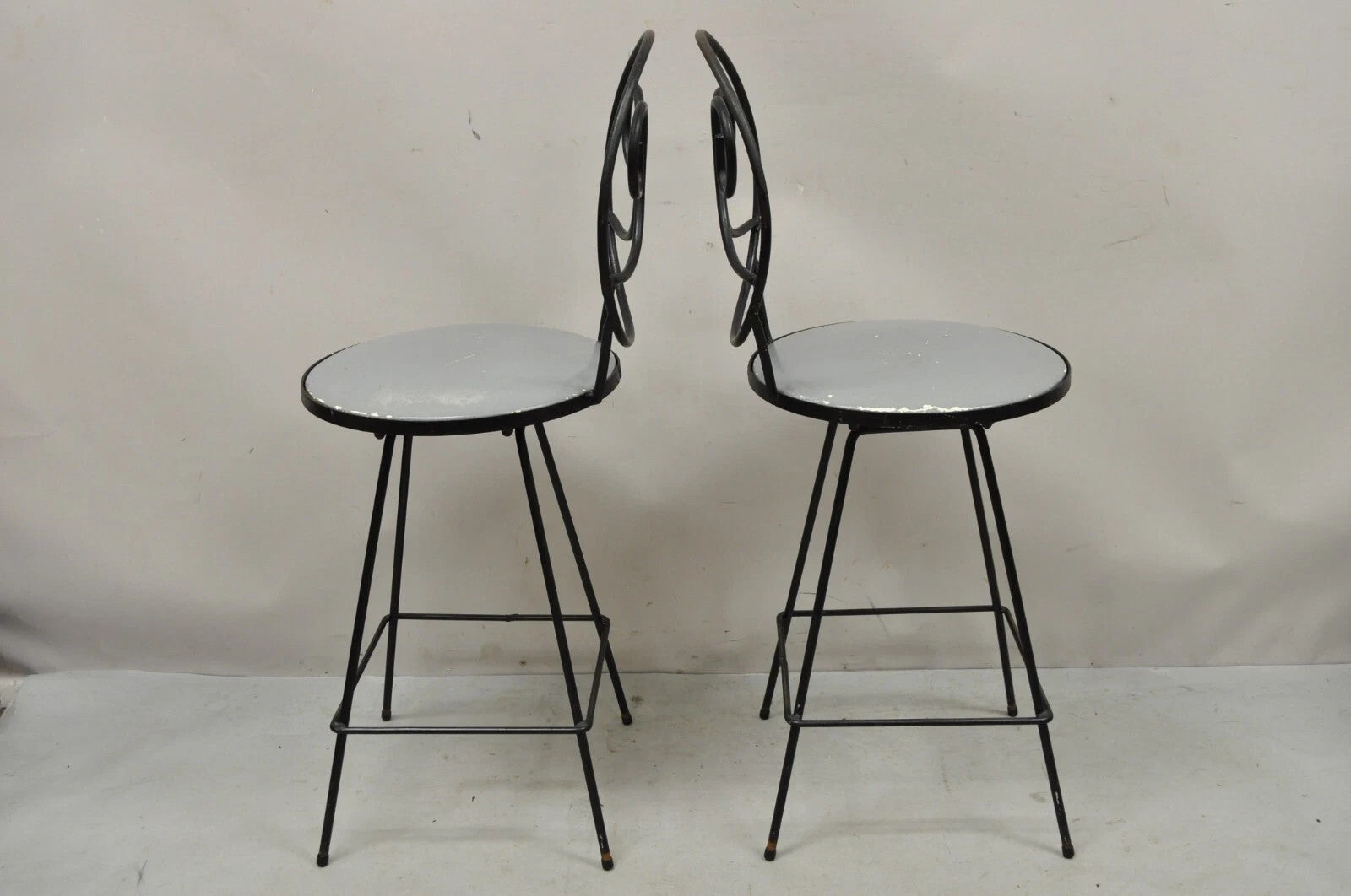 Mid Century Modern Arthur Umanoff Wrought Iron Swivel Counter Bar Stool Pair