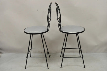 Mid Century Modern Arthur Umanoff Wrought Iron Swivel Counter Bar Stool Pair