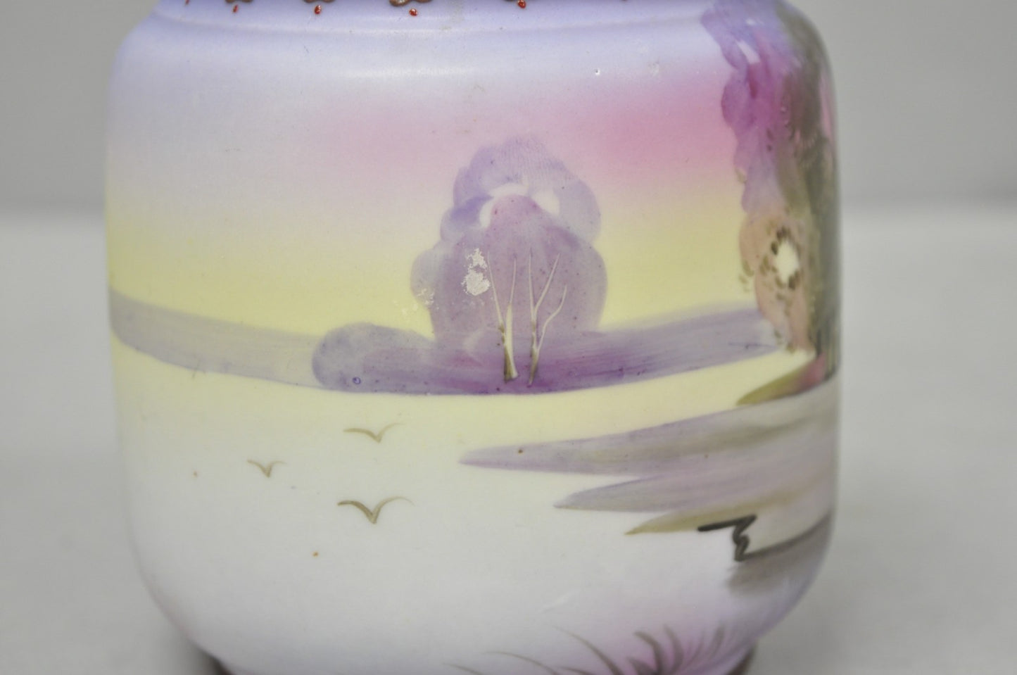 Antique Nippon Hand Painted Porcelain Countryside Lake Scene Covered Biscuit Jar