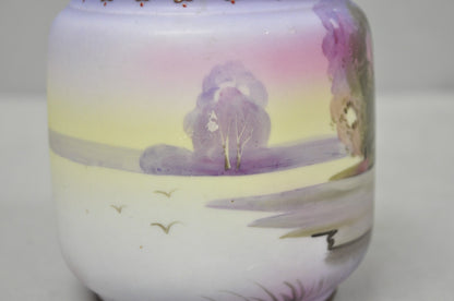 Antique Nippon Hand Painted Porcelain Countryside Lake Scene Covered Biscuit Jar