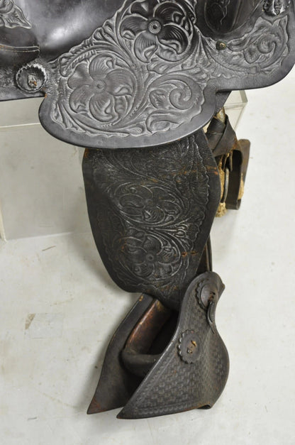 Vintage Brown Tooled Leather Floral Embossed 15" Seat Horse Riding Saddle