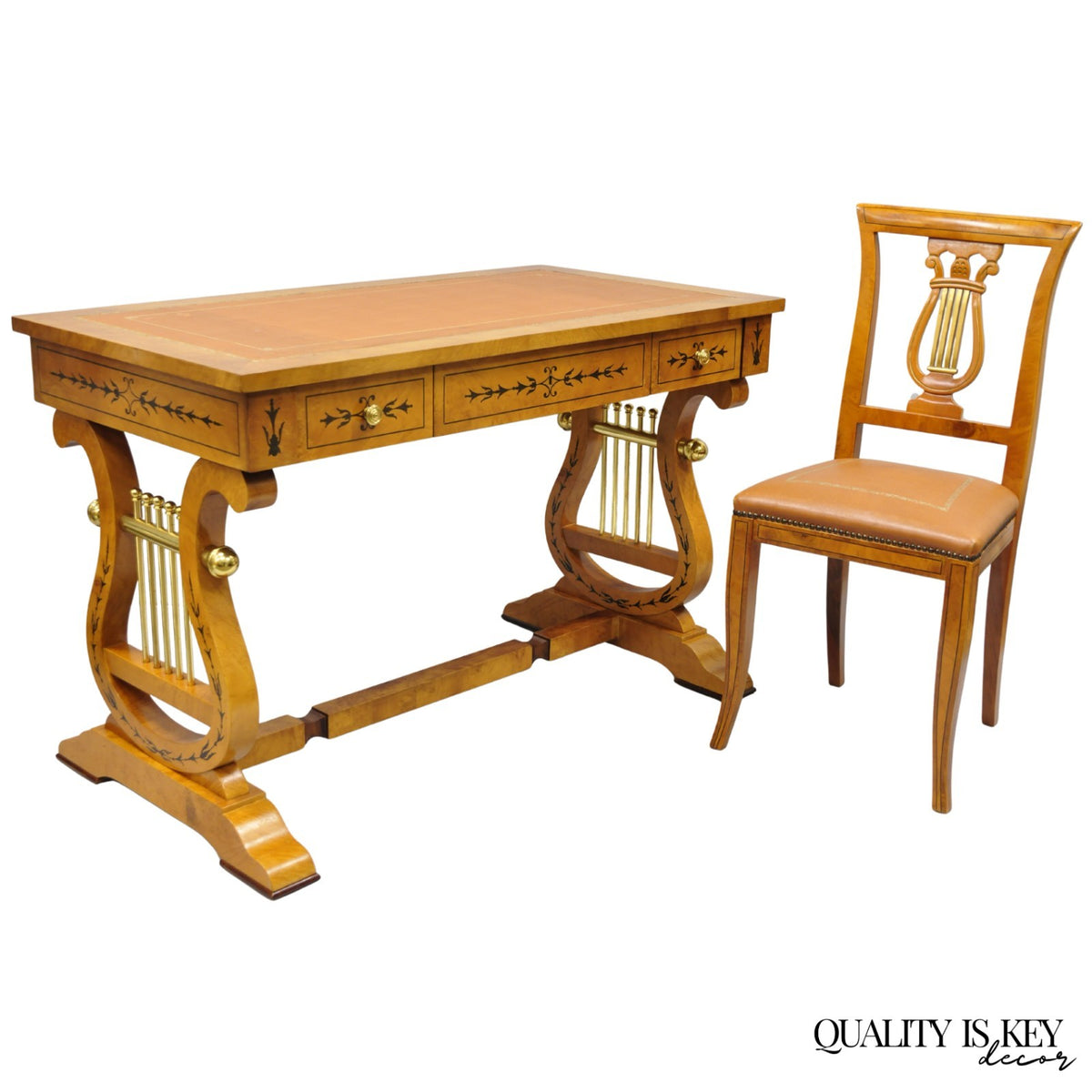 Vintage Italian Regency Lyre Harp Burlwood Desk & Chair by Binda Collection