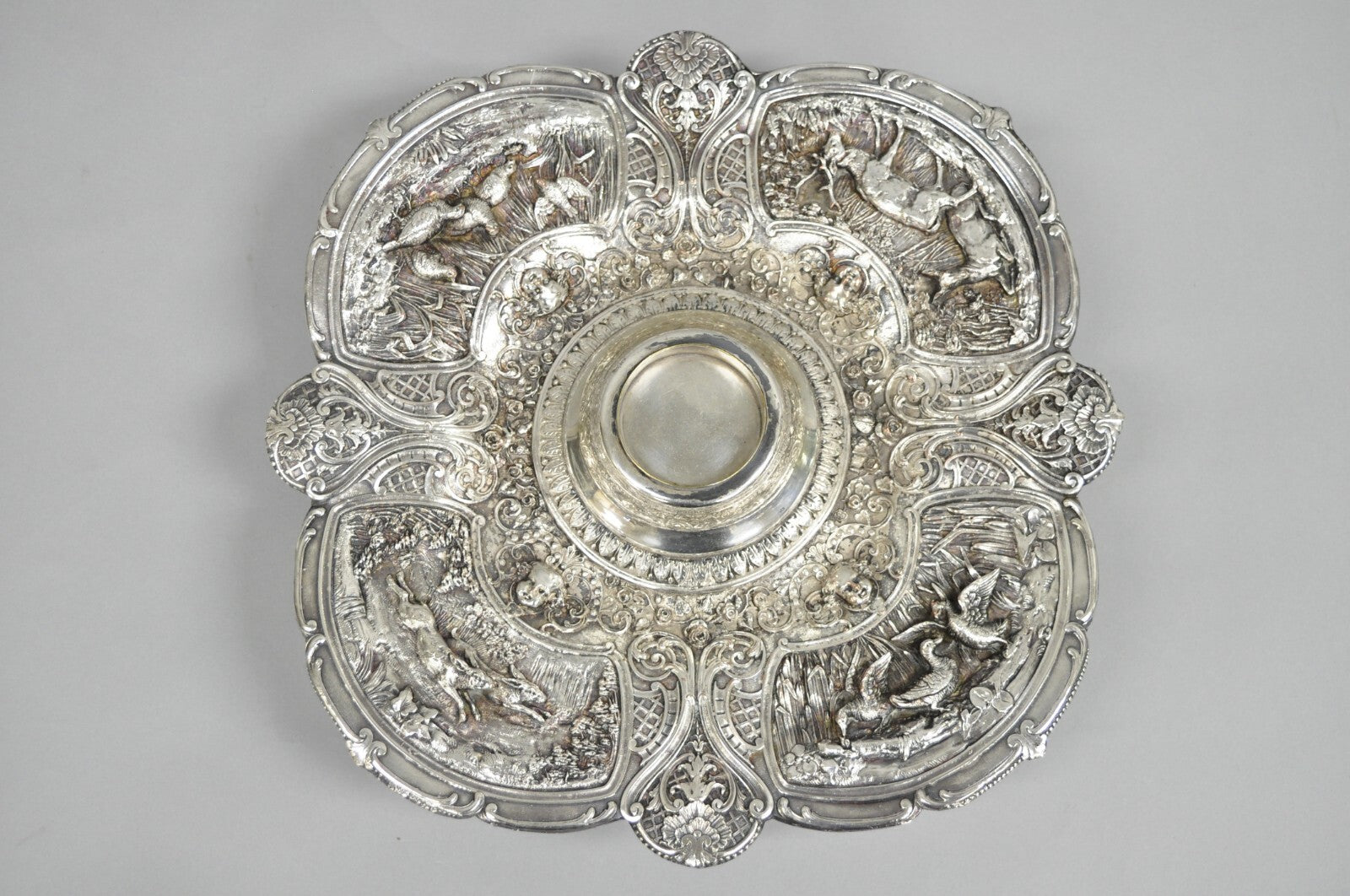 Antique English Victorian Stag Mounted Crystal Glass Inkwell Silver Plated Tray