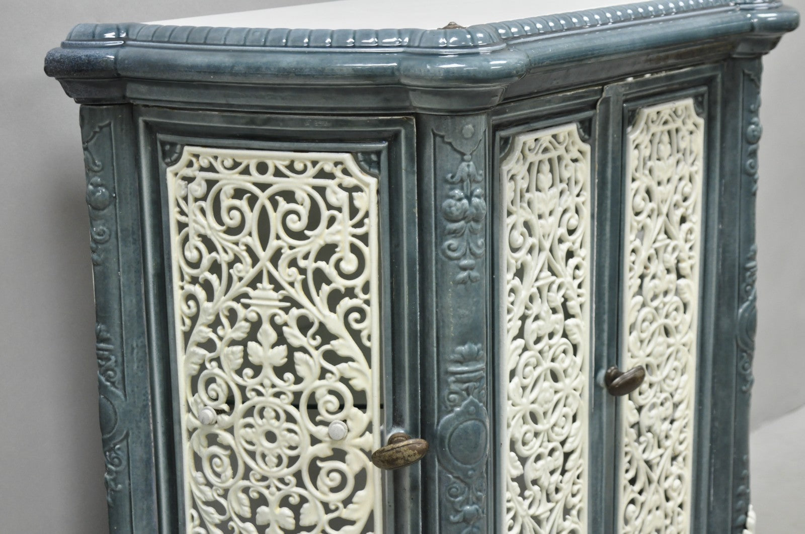 Antique French Victorian Blue White Porcelain Enamel Cast Iron Radiator Cover