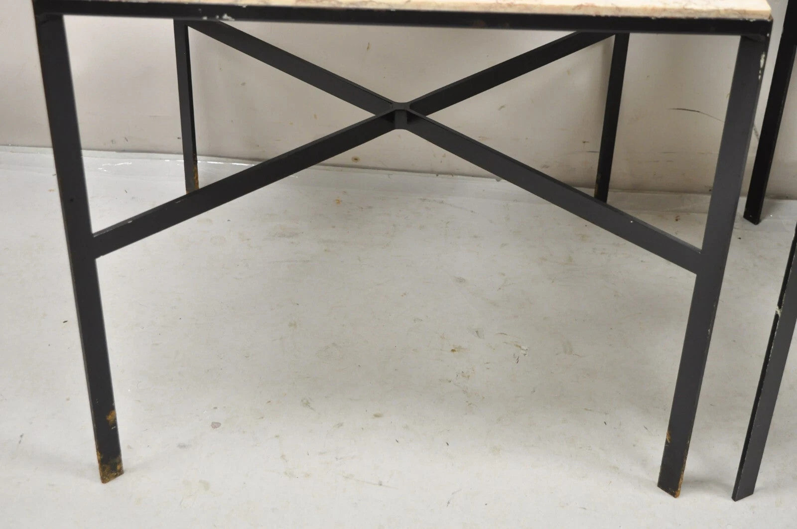 Mid Century Modern Paul McCobb Style Wrought Iron Marble Square Side Table Pair