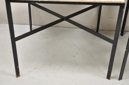 Mid Century Modern Paul McCobb Style Wrought Iron Marble Square Side Table Pair