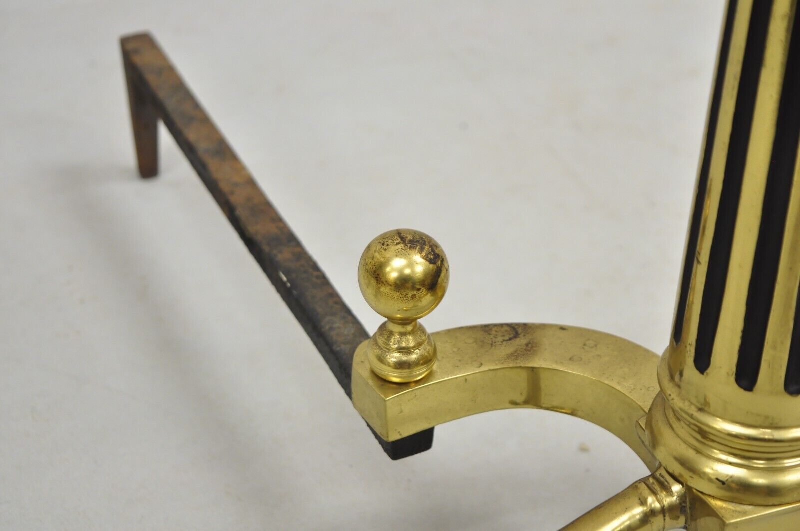 Vintage French Empire Style Brass Cannonball Column Form Branch Foot Andirons
