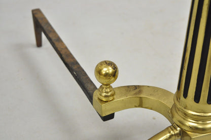 Vintage French Empire Style Brass Cannonball Column Form Branch Foot Andirons