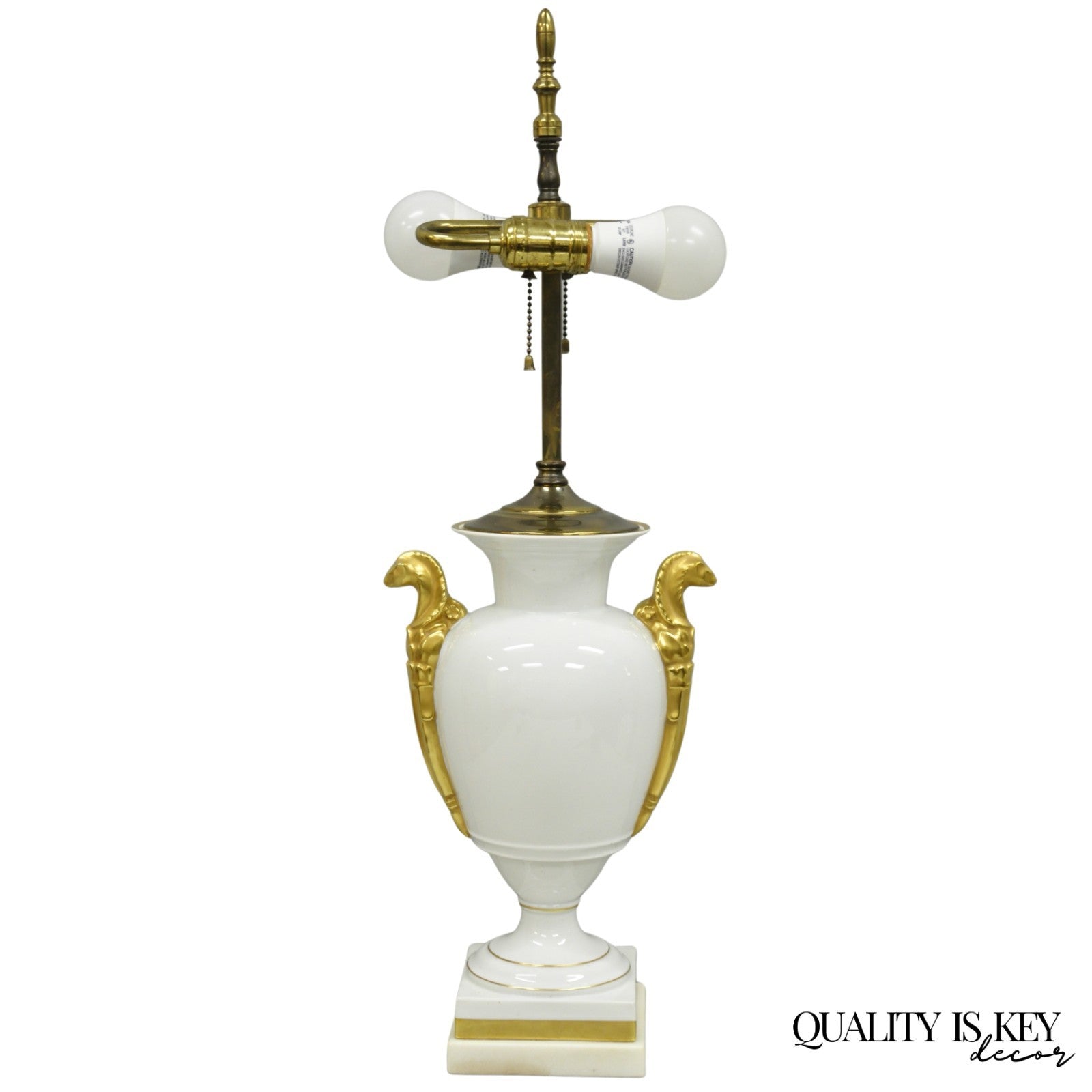 Vintage Italian Regency White Gold French Porcelain Urn Marble Base Table Lamp