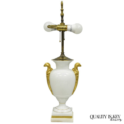 Vintage Italian Regency White Gold French Porcelain Urn Marble Base Table Lamp
