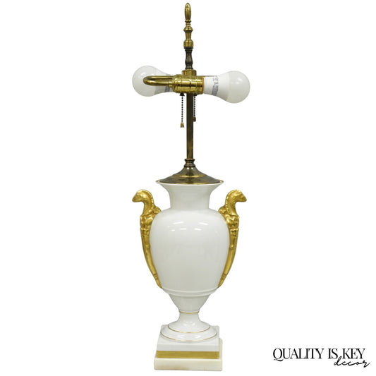 Vintage Italian Regency White Gold French Porcelain Urn Marble Base Table Lamp