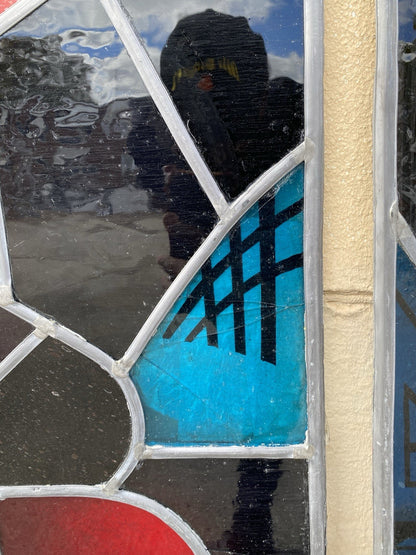 Vintage Art Deco Blue & Red Leaded Stained Glass Church Window w/ Cross - 6 Pcs