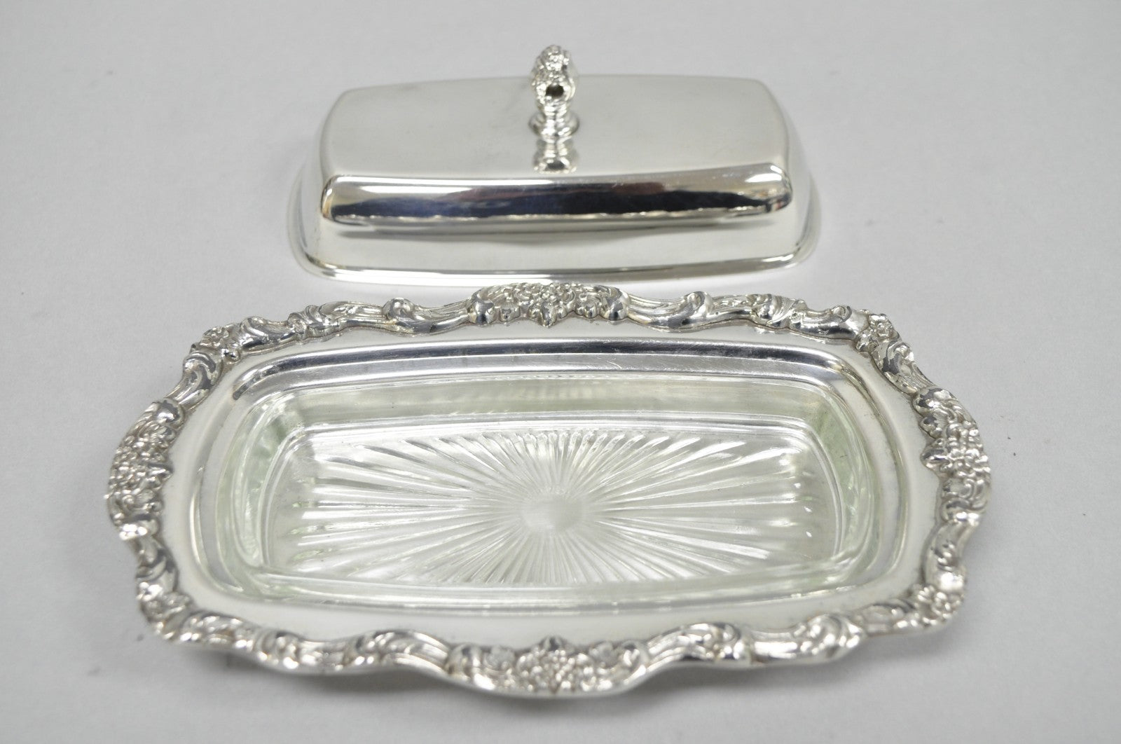 Vintage Lancaster Rose Poole Silver Plated Covered Butter Dish w/ Glass Liner