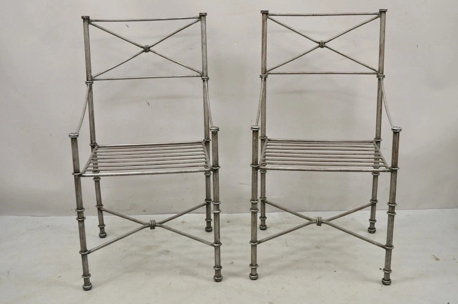 Pier 1 Medici Pewter Wrought Iron Neoclassical Style Dining Side Chairs - a Pair