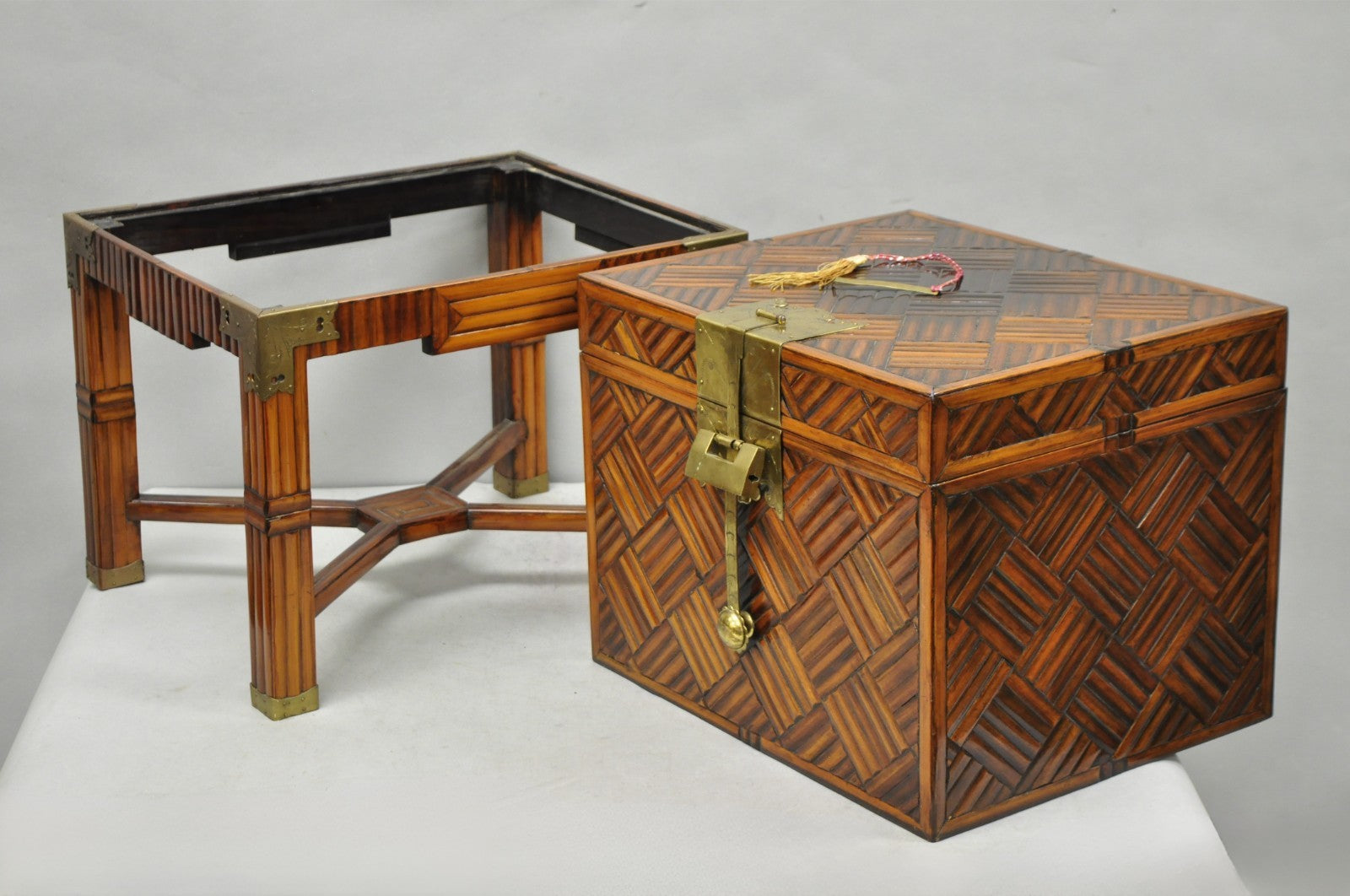 Furniture Classics Ltd Chinese Teak & Bamboo Campaign Chest Side Table on Stand
