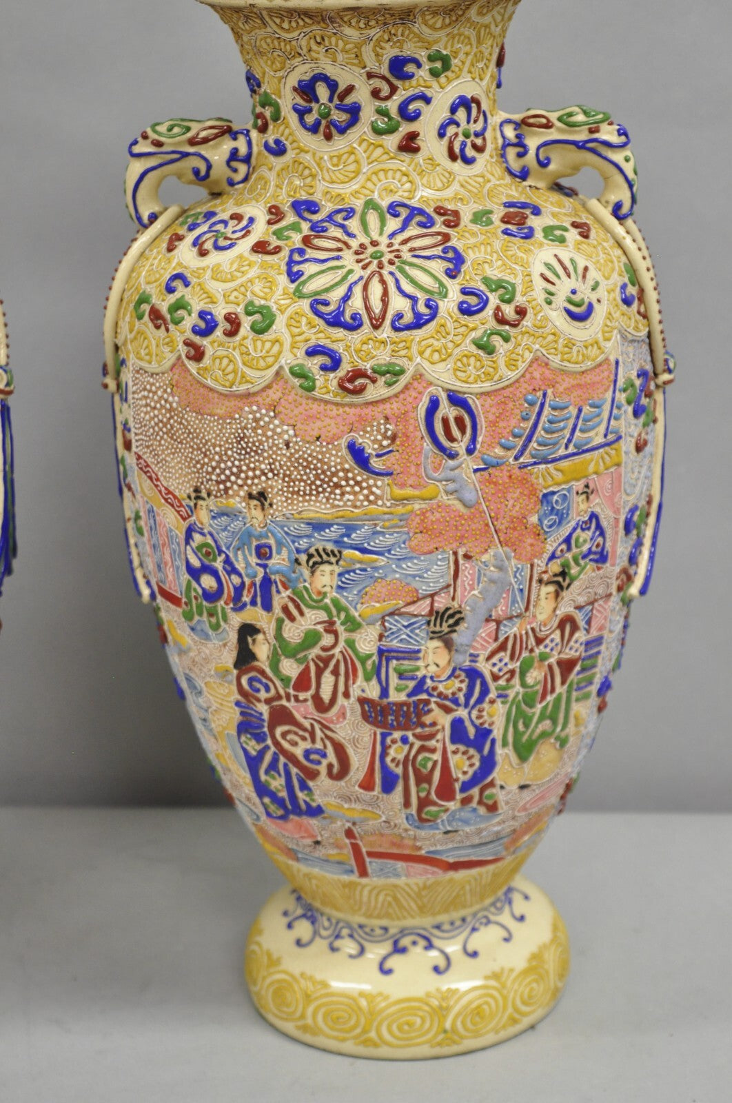 Antique Chinese Porcelain Painted Applied Scene Satsuma Vase Table Lamps - Pair