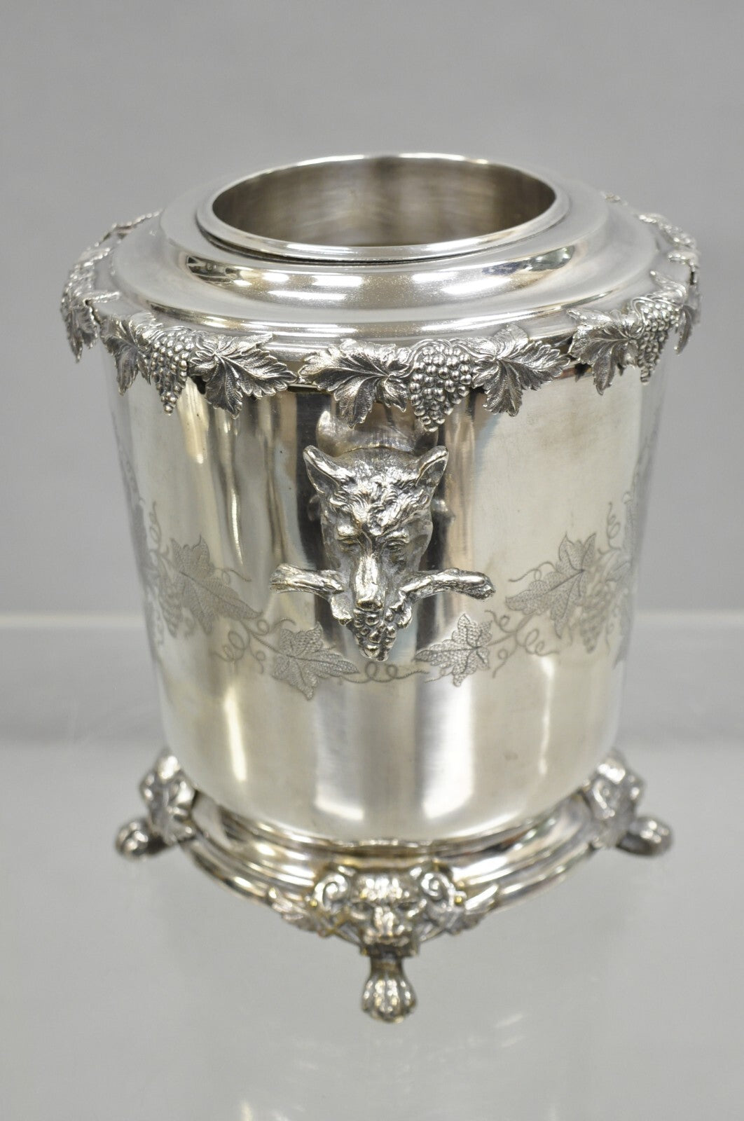 Antique English Victorian Wolf Handle Silver Plated Champagne Chiller Ice Bucket
