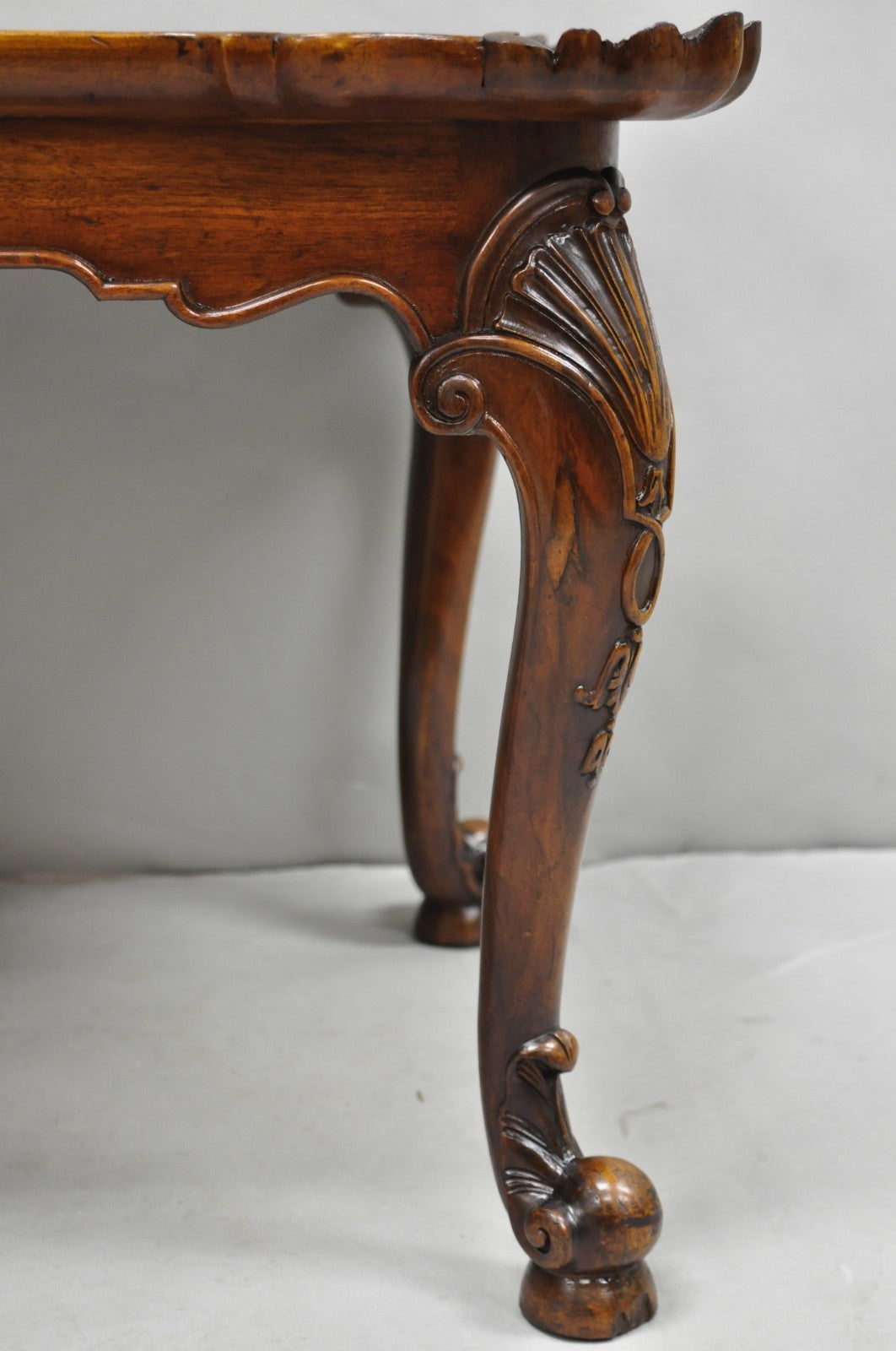 Antique English Georgian Style Burl Walnut Shell Carved Scalloped Coffee Table