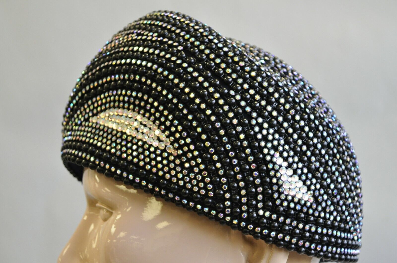 Vintage Bina Fashion Hats Black Iridescent Beaded Bejewel Derby Crown Beret Hat