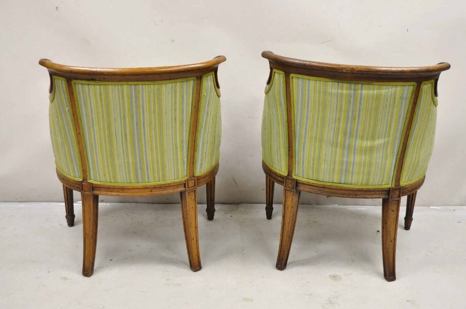 Antique Italian Regency Distress Carved Walnut Barrel Back Club Arm Chair, Pair