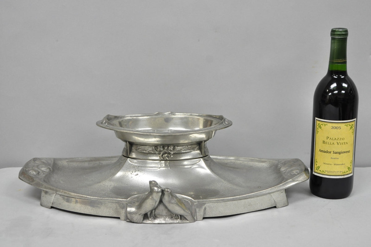 Antique Kayserzinn 4640 German Art Nouveau Pewter Metal Serving Platter w Birds