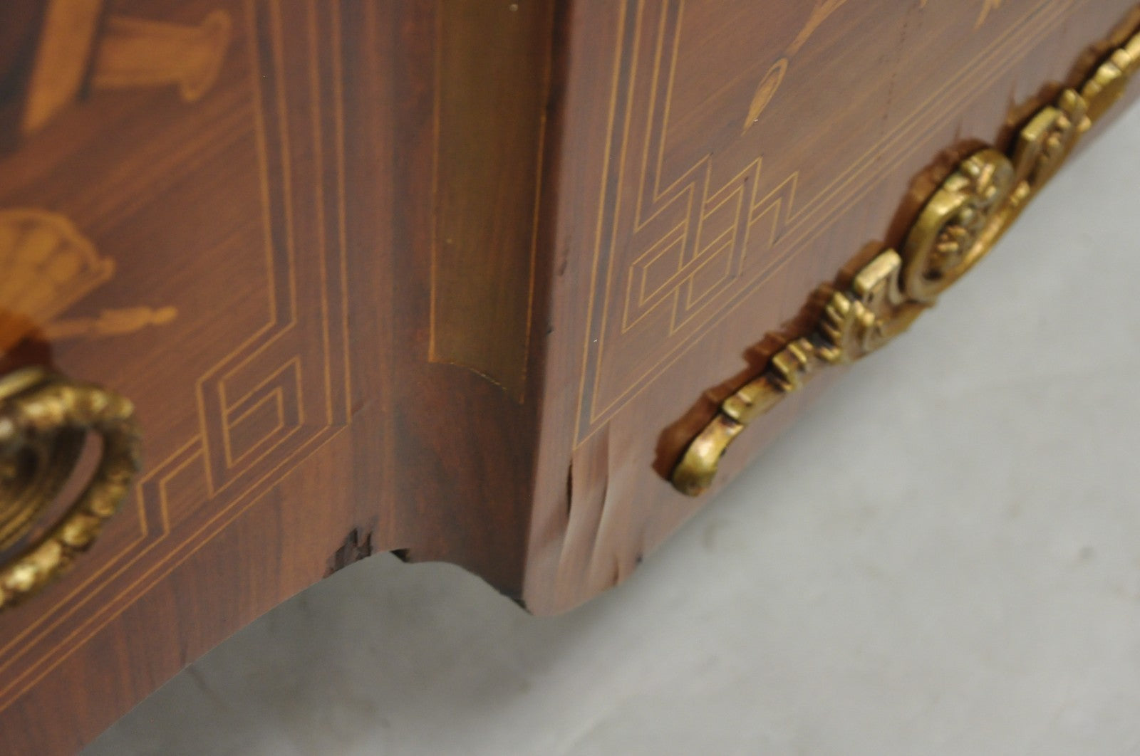 Vintage French Louis XV Style Marquetry Inlay Marble Top Commode Dresser Chest