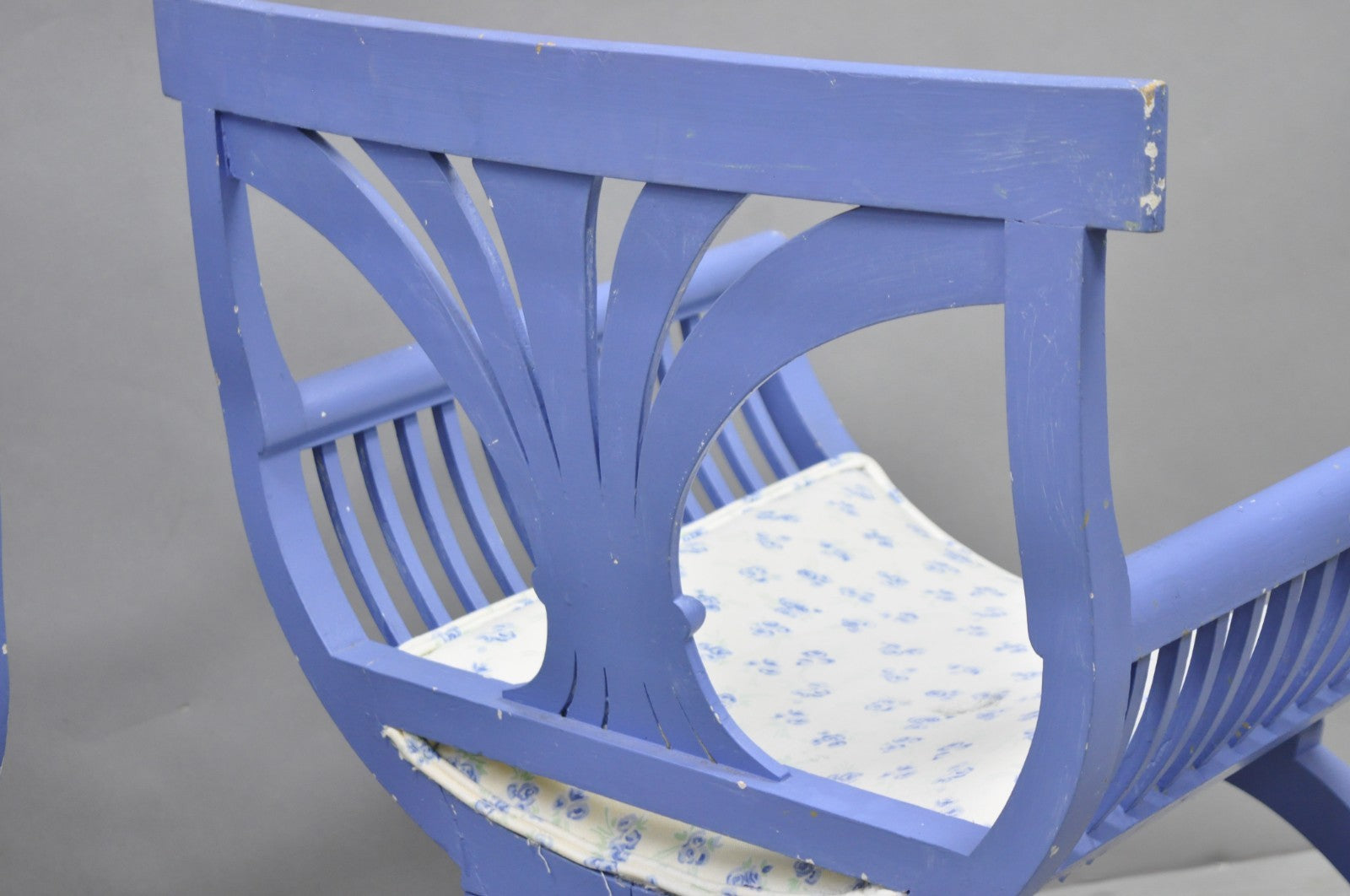 Vintage Hollywood Regency Italian Style Blue Curule X-Frame Arm Chair - a Pair