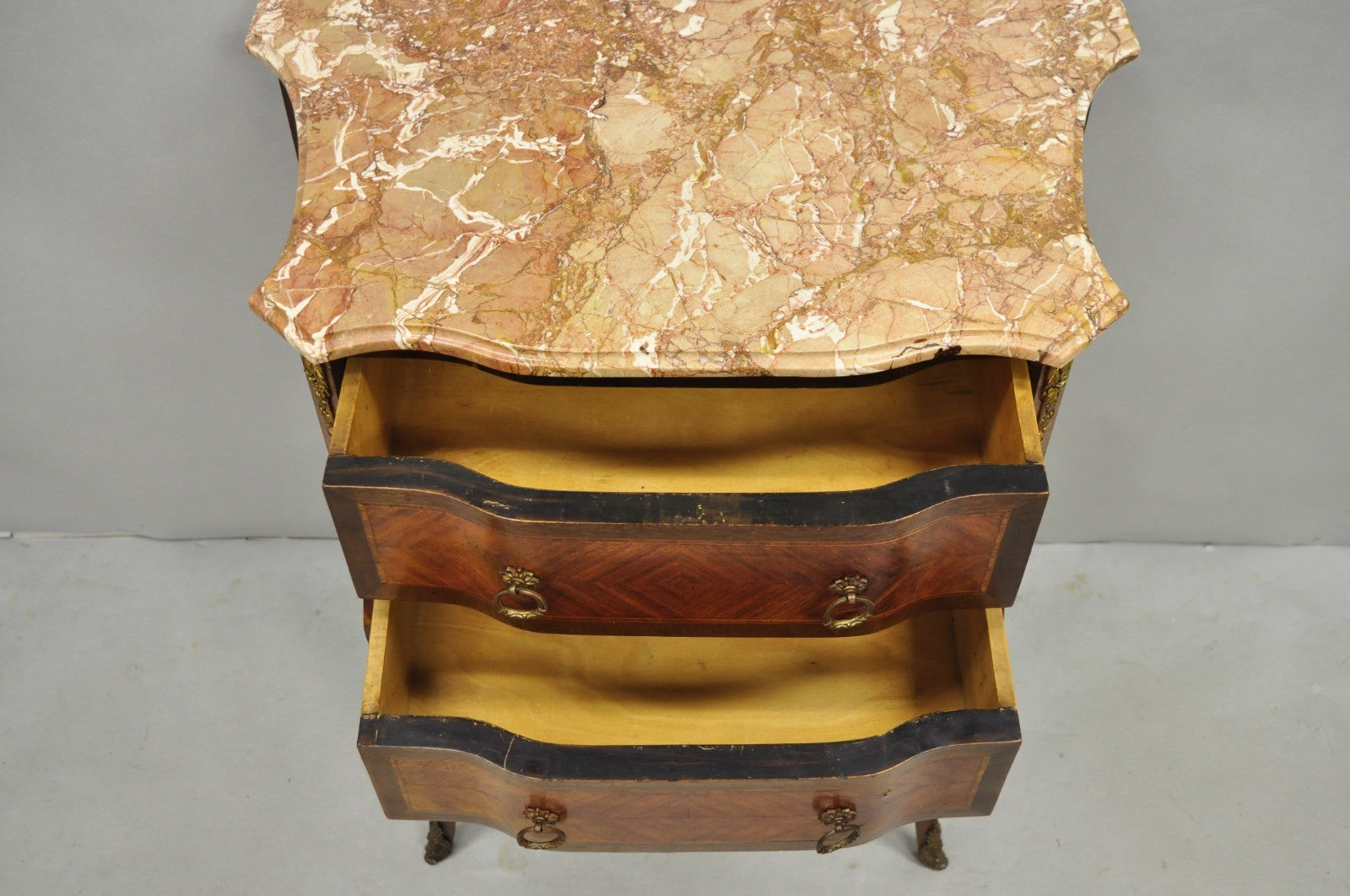 Antique French Louis XV Marquetry Inlay Marble Top Bombe Nightstand Side Table